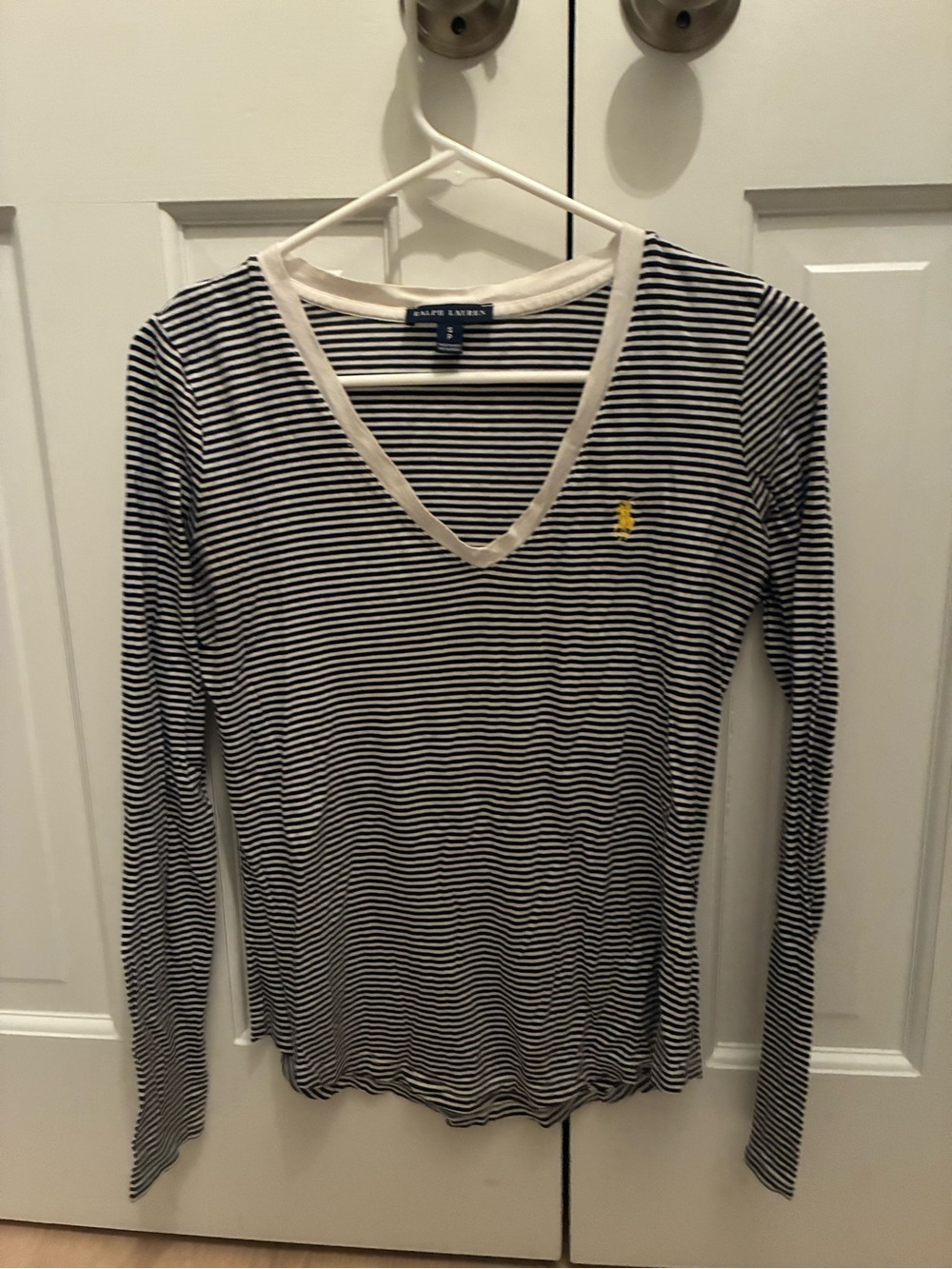 Ralph Lauren Navy & White Striped V-Neck Long Sleeve Top